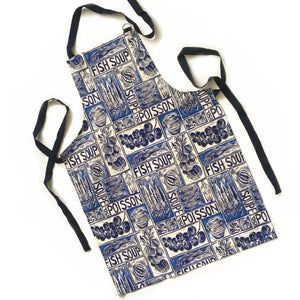 Fish Soup illustrated recipe gift set with tea towel adult apron and double oven glove with large pocket, comes with cooking instructions. lino cut print by Kate Guy