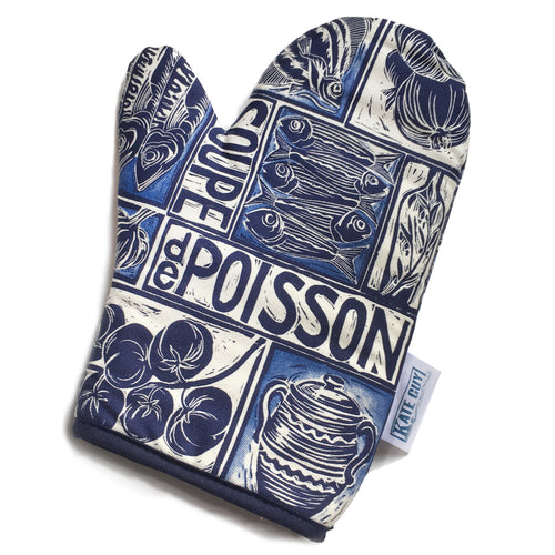 Fish Soup illustrated recipe oven glove, comes with cooking instructions. lino cut print by Kate Guy