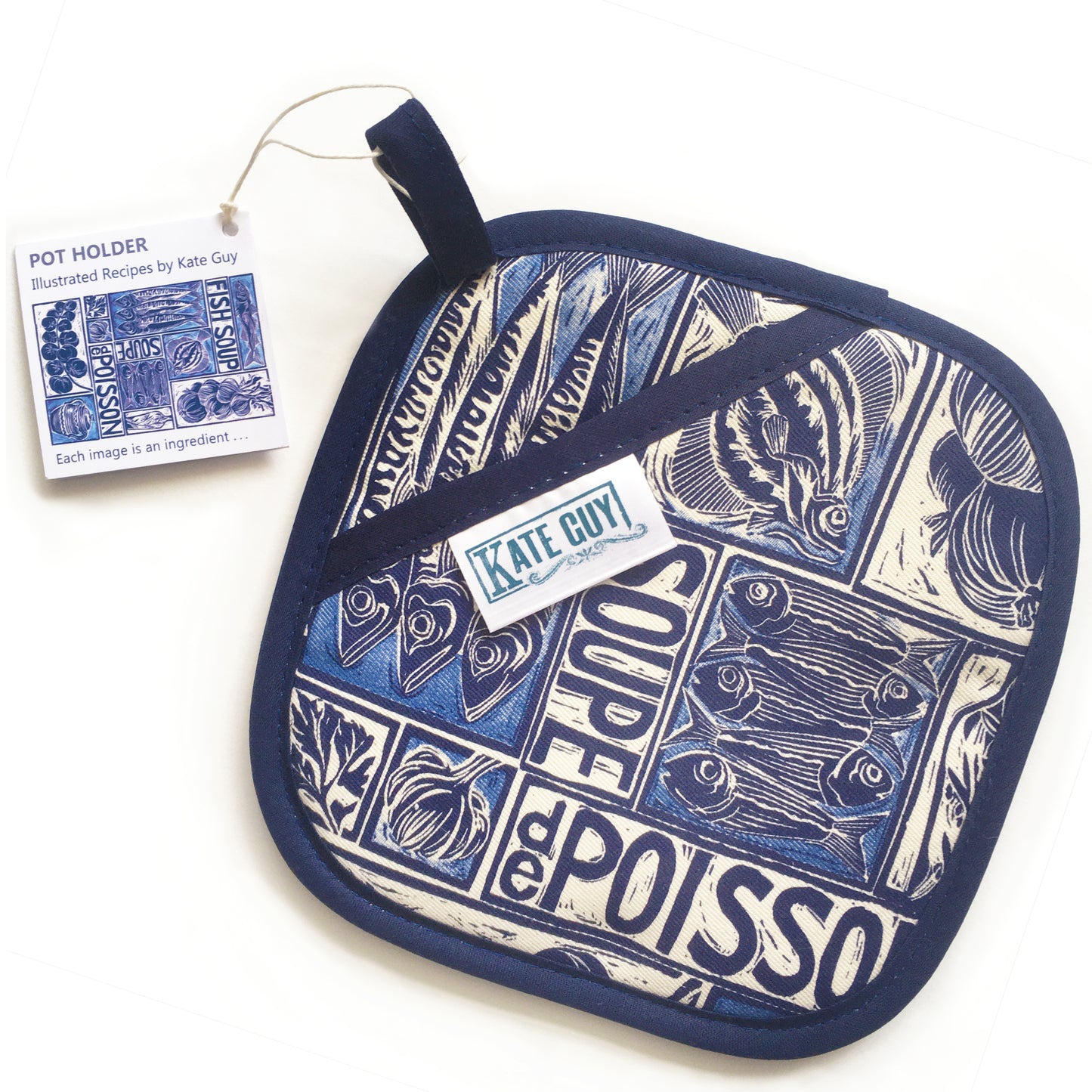 Fish Soup illustrated recipe pot holder, comes with cooking instructions. lino cut print by Kate Guy