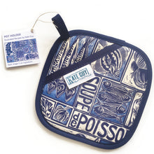 Load image into Gallery viewer, Fish Soup illustrated recipe pot holder, comes with cooking instructions. lino cut print by Kate Guy
