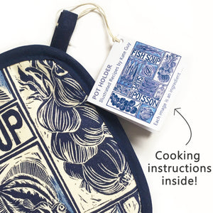 Fish Soup illustrated recipe pot holder, comes with cooking instructions. lino cut print by Kate Guy