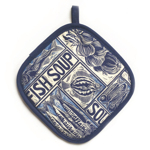 Fish Soup illustrated recipe pot holder, comes with cooking instructions. lino cut print by Kate Guy