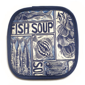 Fish Soup illustrated recipe pot holder, comes with cooking instructions. lino cut print by Kate Guy