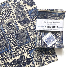 Load image into Gallery viewer, Fish soup illustrated recipe napkins, set of four organic cotton, print by Kate Guy
