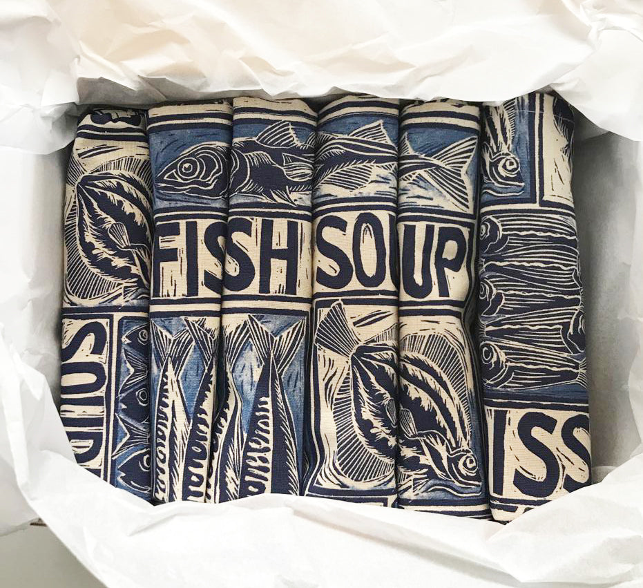 Set of 6 Fish soup recipe organic cotton napkins - in a gift box