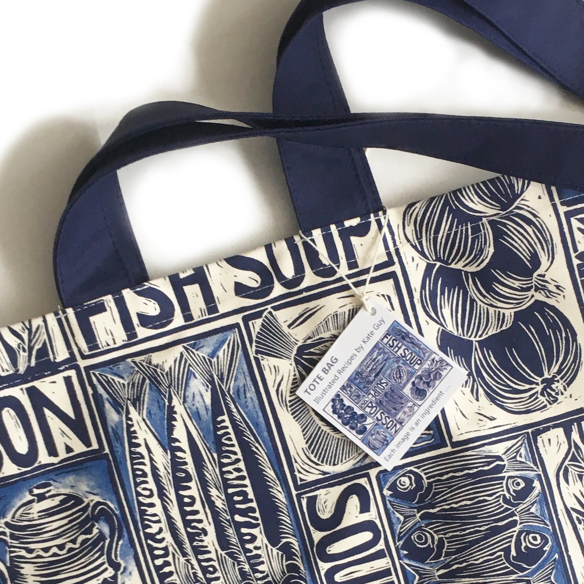 Fish Soup illustrated recipe long handled tote bag, comes with cooking instructions. lino cut print by Kate Guy
