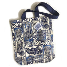 Load image into Gallery viewer, Fish Soup illustrated recipe long handled tote bag, comes with cooking instructions. lino cut print by Kate Guy
