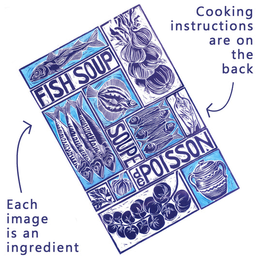 Fish Soup illustrated recipe greetings card with cooking instructions on the back. Original lino cut print by Kate Guy