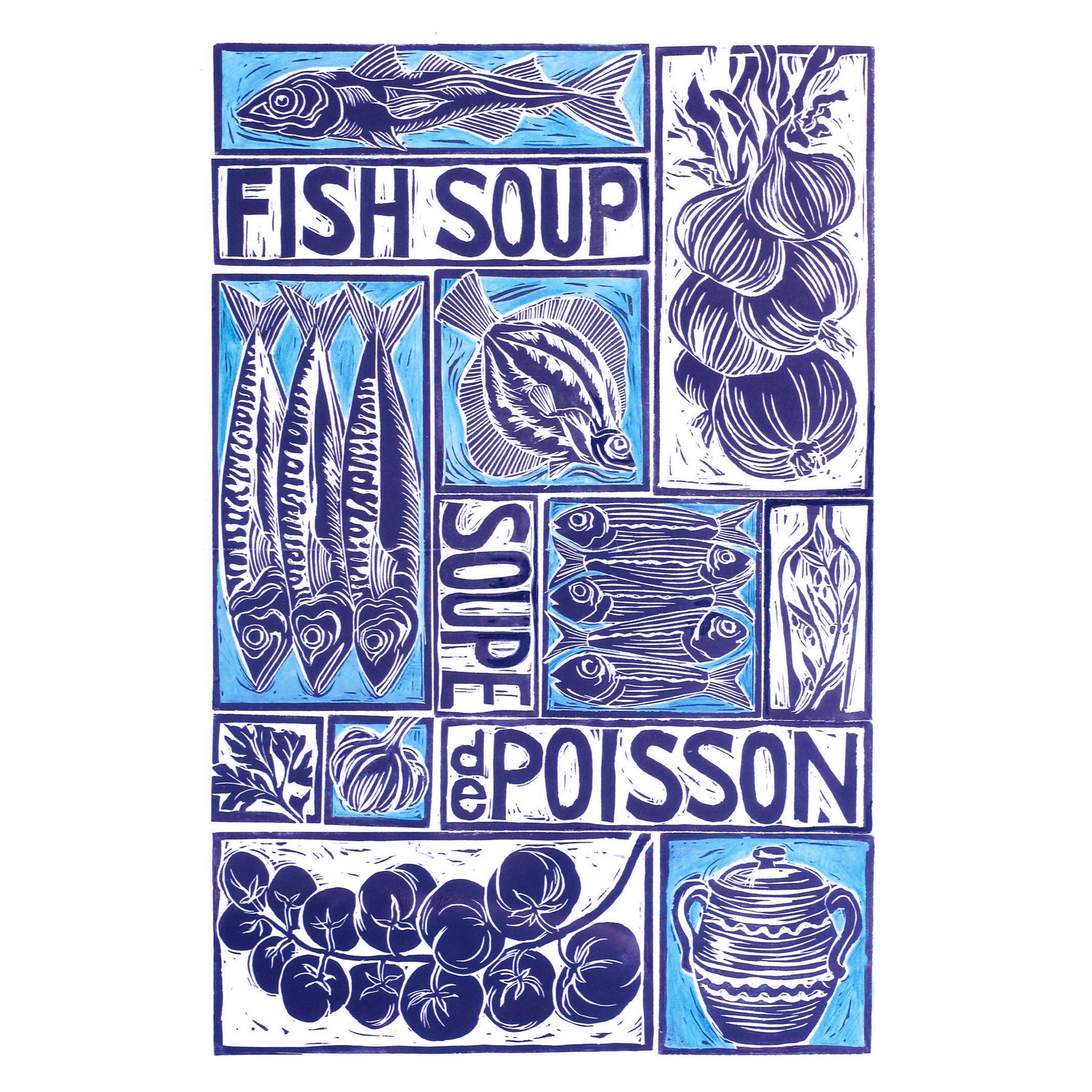 Fish Soup illustrated recipe greetings card with cooking instructions on the back. Original lino cut print by Kate Guy