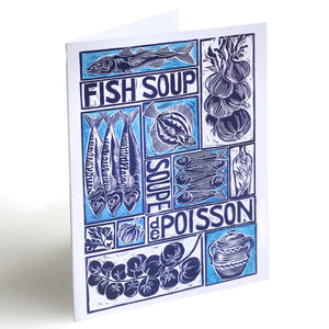 Fish Soup illustrated recipe greetings card with cooking instructions on the back. Original lino cut print by Kate Guy