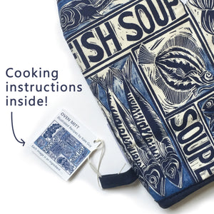 Fish Soup illustrated recipe oven glove, comes with cooking instructions. lino cut print by Kate Guy