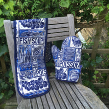 Load image into Gallery viewer, fish soup illustrated recipe oven gloves and mitt with cooking instructions lino cut by Kate Guy
