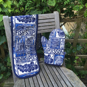 fish soup illustrated recipe oven gloves and mitt with cooking instructions lino cut by Kate Guy