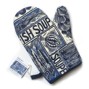Fish Soup illustrated recipe oven glove, comes with cooking instructions. lino cut print by Kate Guy
