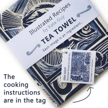 Load image into Gallery viewer, Fish Soup illustrated recipe organic cotton tea towel with cooking instructions on the pack. Original lino cut print by Kate Guy
