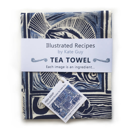 Fish Soup illustrated recipe organic cotton tea towel with cooking instructions on the pack. Original lino cut print by Kate Guy