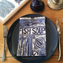 Load image into Gallery viewer, Fish soup napkin, illustrated recipe lino cut by Kate Guy
