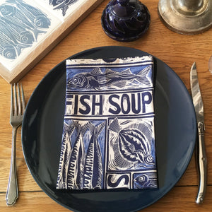 Fish soup napkin, illustrated recipe lino cut by Kate Guy