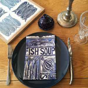Set of 6 Fish soup recipe organic cotton napkins - in a gift box