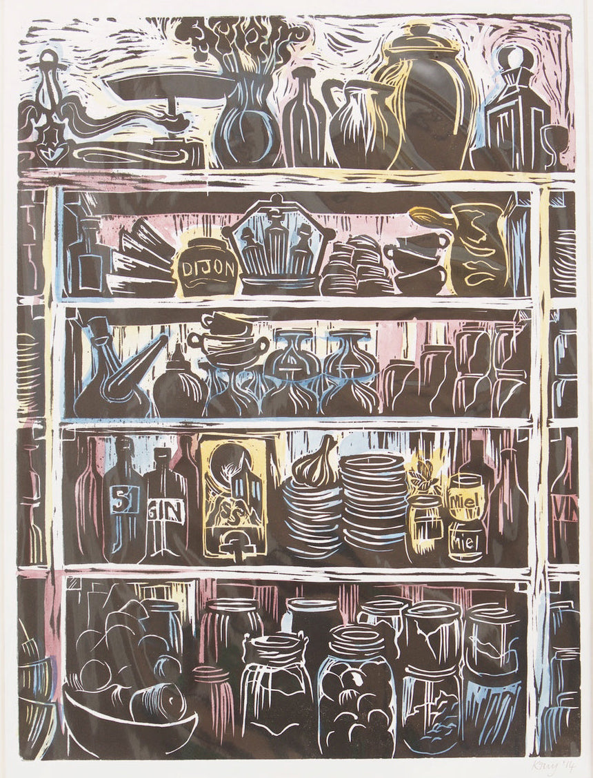 French Country Kitchen Linocut Print Shelves of Home Grown Produce and Kitchen Equipment in Balck and White with Hand Painted Colour Details