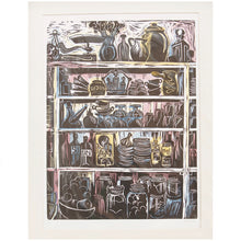 Load image into Gallery viewer, French Country Kitchen Linocut Print Shelves of Home Grown Produce and Kitchen Equipment in Balck and White with Hand Painted Colour Details
