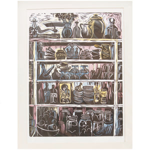 French Country Kitchen Linocut Print Shelves of Home Grown Produce and Kitchen Equipment in Balck and White with Hand Painted Colour Details