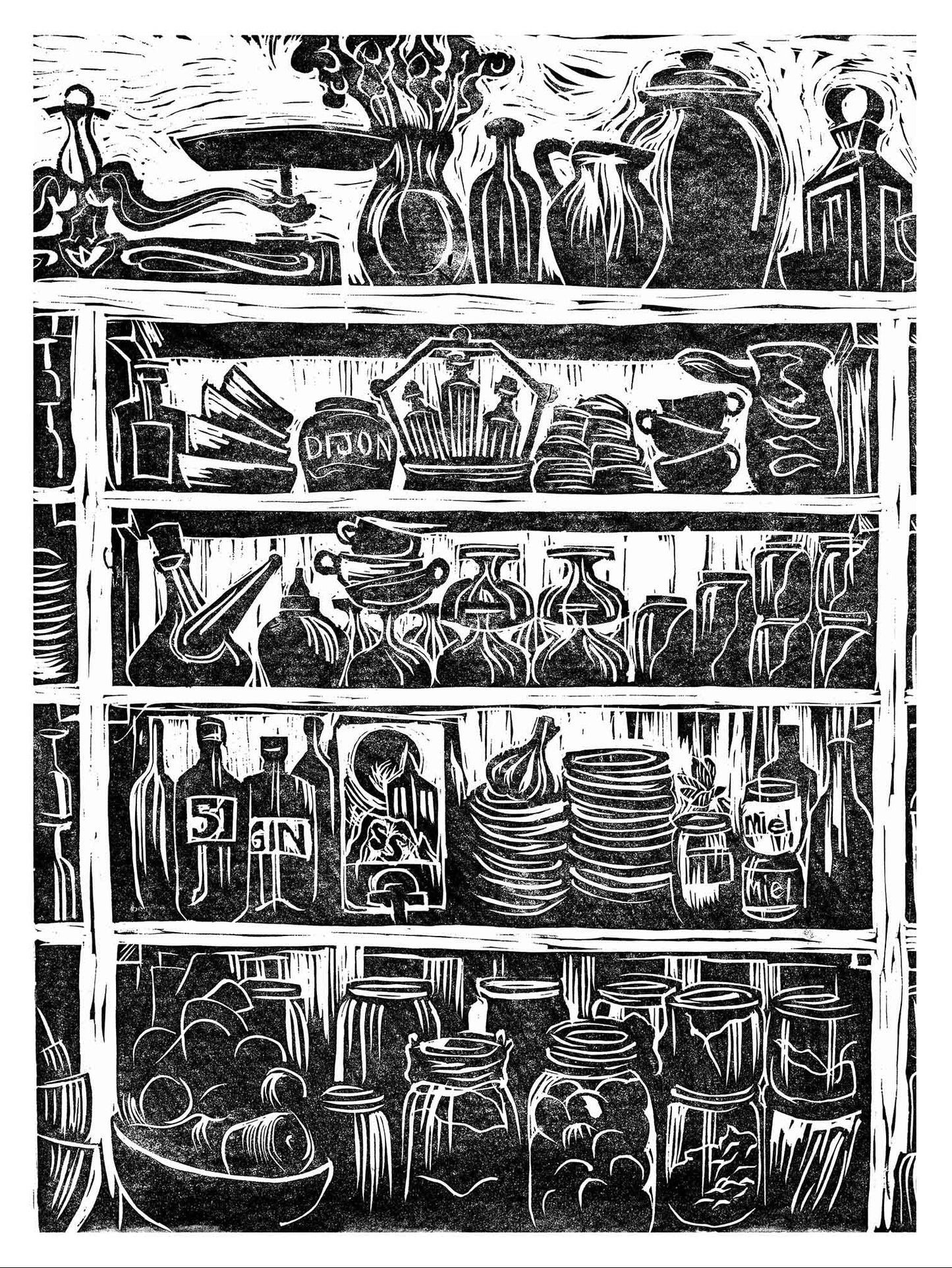French Country Kitchen Linocut Print Shelves of Home Grown Produce and Kitchen Equipment in Printed in Black and White