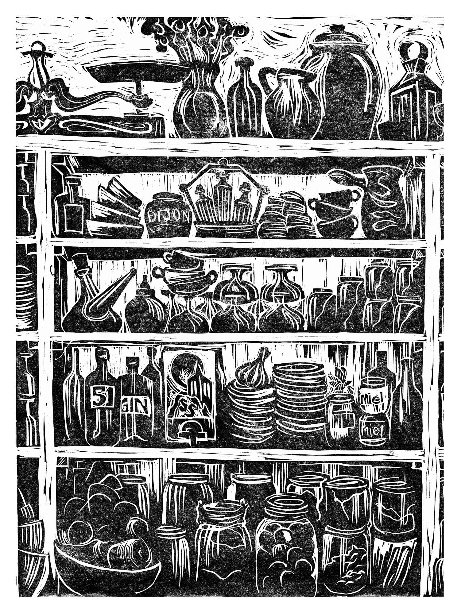 French Country Kitchen Linocut Print Shelves of Home Grown Produce and Kitchen Equipment in Printed in Black and White