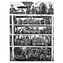 Load image into Gallery viewer, French Country Kitchen Linocut Print Shelves of Home Grown Produce and Kitchen Equipment in Printed in Black and White
