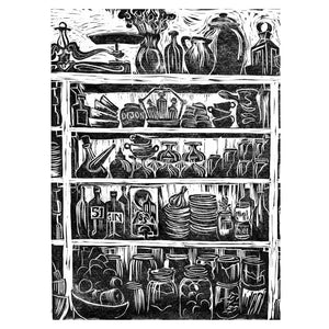 French Country Kitchen Linocut Print Shelves of Home Grown Produce and Kitchen Equipment in Printed in Black and White