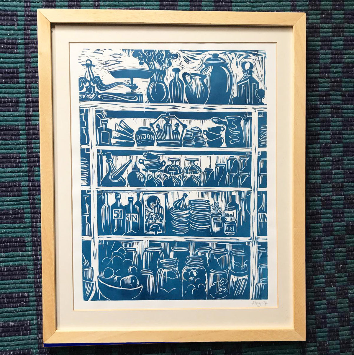 Framed Print of a French Country Kitchen Linocut Print Shelves of Home Grown Produce and Kitchen Equipment in a French Blue