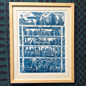 Framed Print of a French Country Kitchen Linocut Print Shelves of Home Grown Produce and Kitchen Equipment in a French Blue