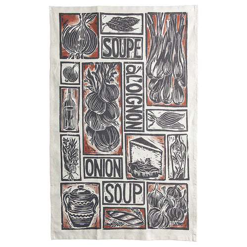 French Onion Soup illustrated recipe organic cotton tea towel lino cut by Kate Guy