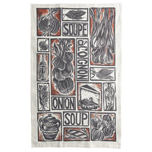Load image into Gallery viewer, French Onion Soup illustrated recipe gift set organic cotton tea towel apron double oven glove lino cut by Kate Guy
