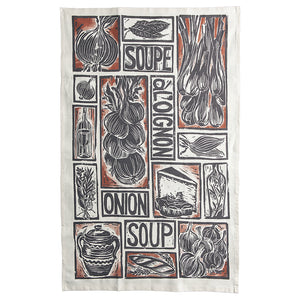 French Onion Soup illustrated recipe gift set organic cotton tea towel apron double oven glove lino cut by Kate Guy