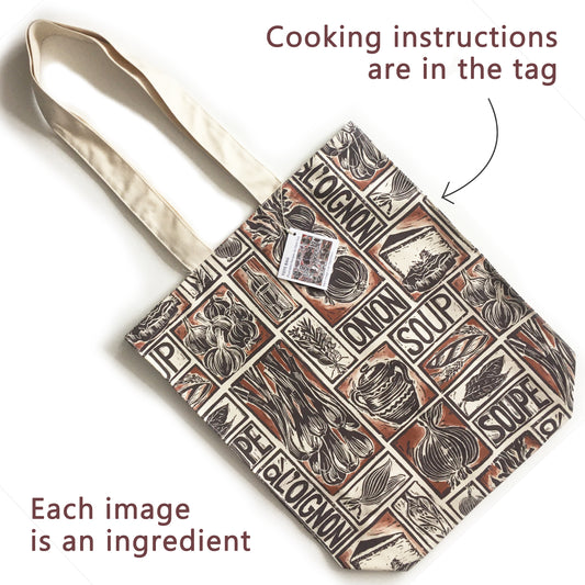 French Onion Soup illustrated recipe long handled tote bag lino cut by Kate Guy