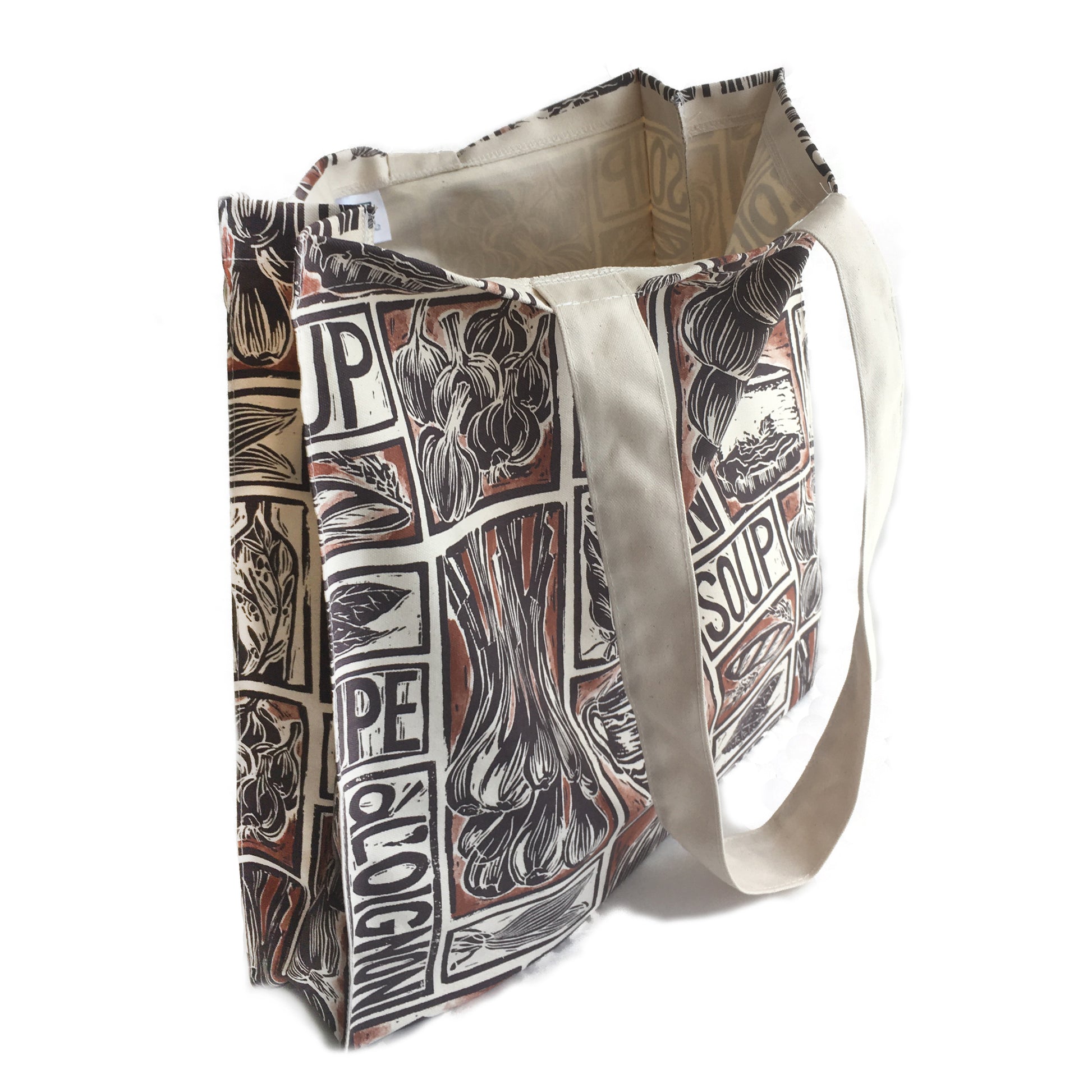 French Onion Soup illustrated recipe long handled tote bag lino cut by Kate Guy