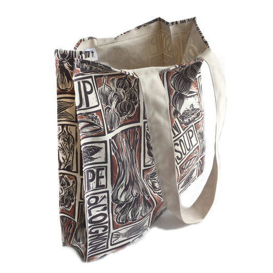 French Onion Soup illustrated recipe long handled tote bag lino cut by Kate Guy