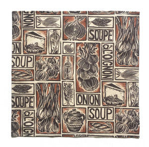 Set Six Illustrated Soup Recipe Napkins; Fish, Onion and Tomato Soup linocuts on organic cotton by Kate Guy Prints