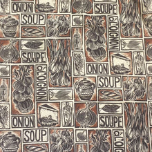 Load image into Gallery viewer, French Onion Soup illustrated recipe organic cotton apron lino cut by Kate Guy

