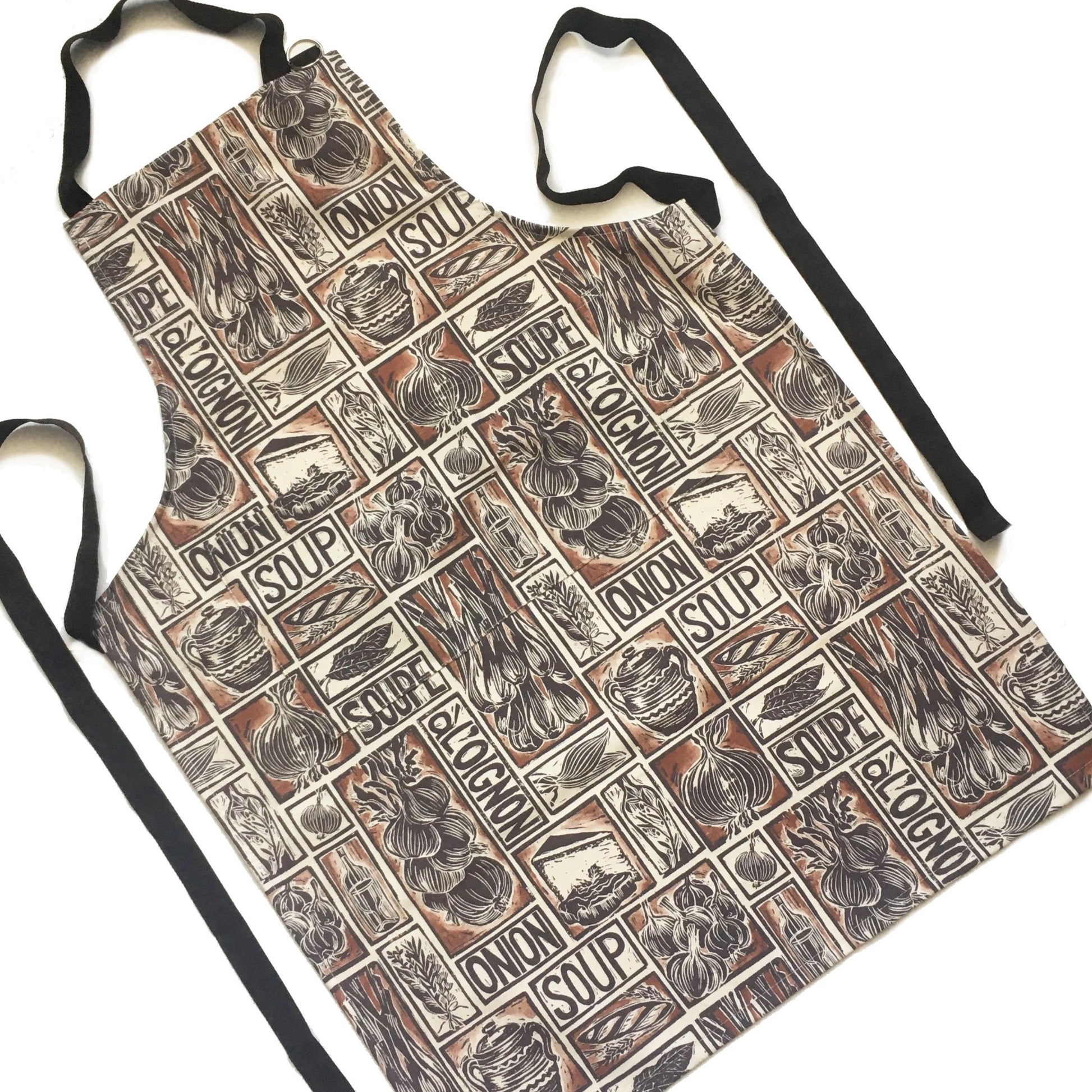 French Onion Soup illustrated recipe organic cotton apron lino cut by Kate Guy