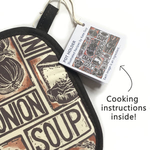 French Onion Soup illustrated recipe pot holder lino cut by Kate Guy
