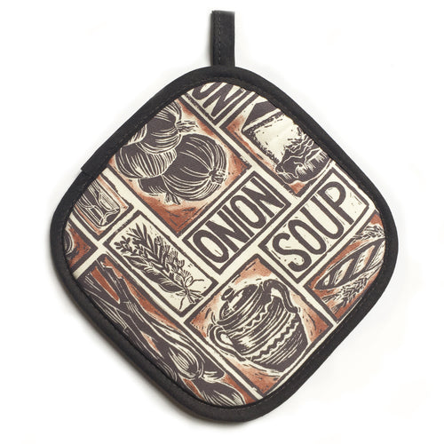 French Onion Soup illustrated recipe pot holder lino cut by Kate Guy