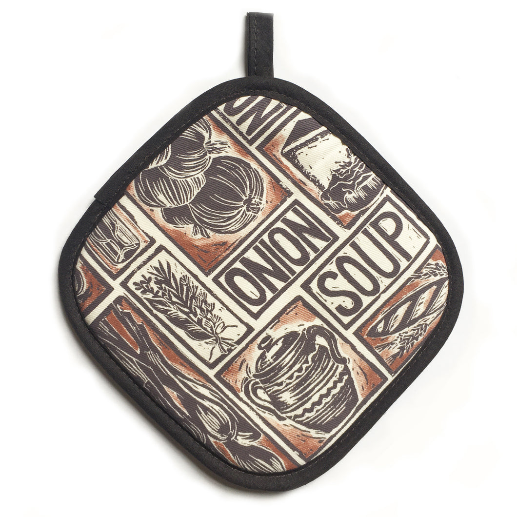 French Onion Soup illustrated recipe pot holder lino cut by Kate Guy