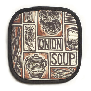 French Onion Soup illustrated recipe pot holder lino cut by Kate Guy