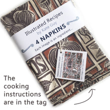 Load image into Gallery viewer, French Onion Soup illustrated recipe organic cotton napkins lino cut by Kate Guy
