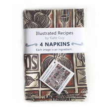 Load image into Gallery viewer, French Onion Soup illustrated recipe set of four organic cotton napkins lino cut by Kate Guy
