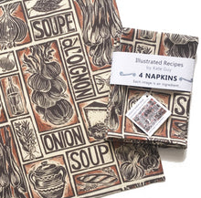 Load image into Gallery viewer, French onion soup recipe napkins, set of four, lino cut print by Kate Guy
