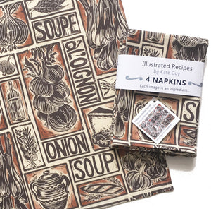 French onion soup recipe napkins, set of four, lino cut print by Kate Guy