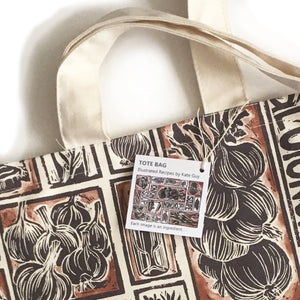 French Onion Soup illustrated recipe long handled tote bag lino cut by Kate Guy